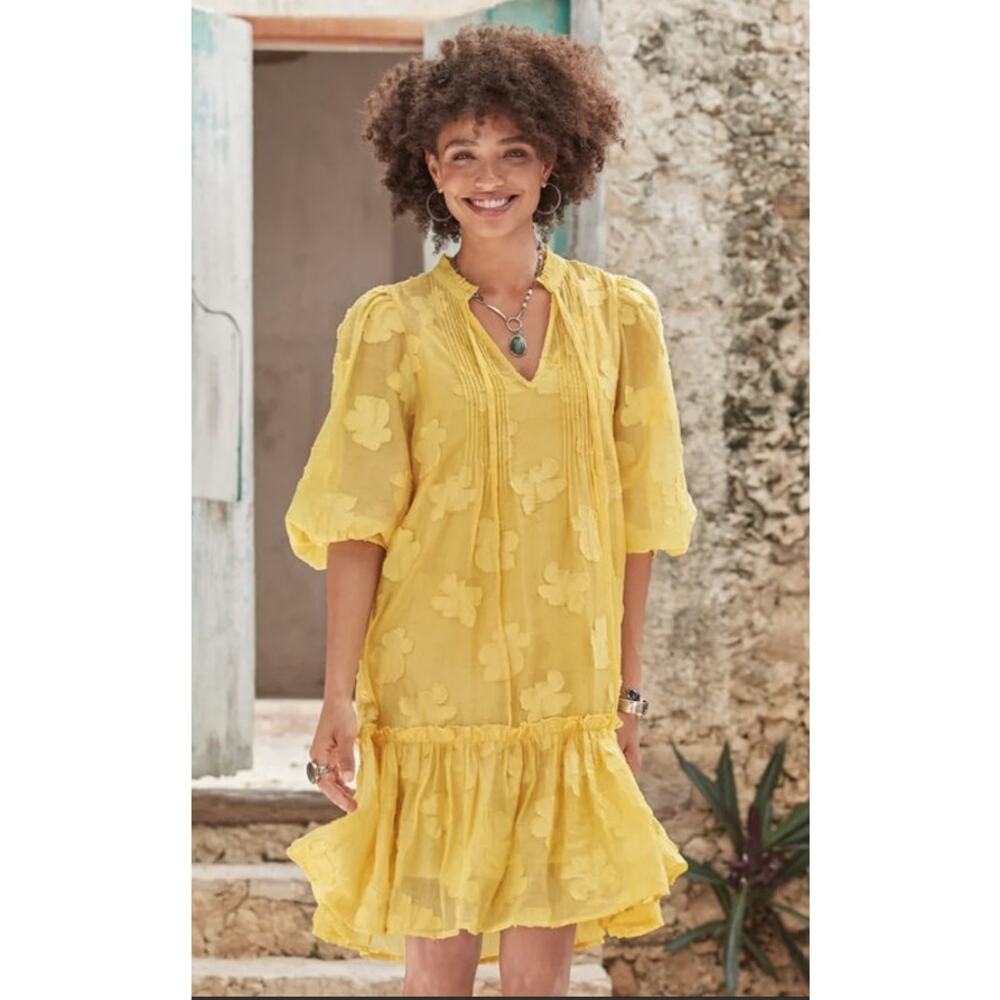 Sundance Yellow Floral Jacquard Tiered Dress XL Boho Ruffle